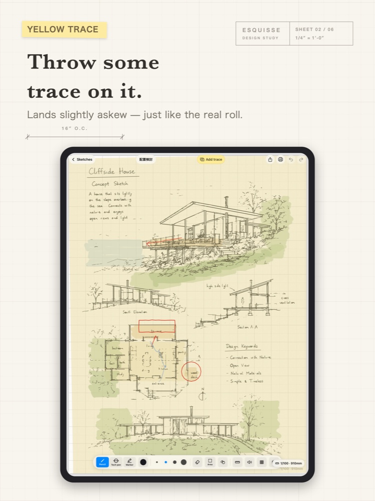 Yellow trace over a plan