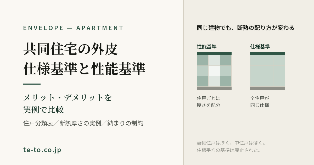 共同住宅の外皮 — 仕様基準と性能基準の比較。性能基準は住戸ごとに断熱厚さを配分し、仕様基準は全住戸が同じ仕様