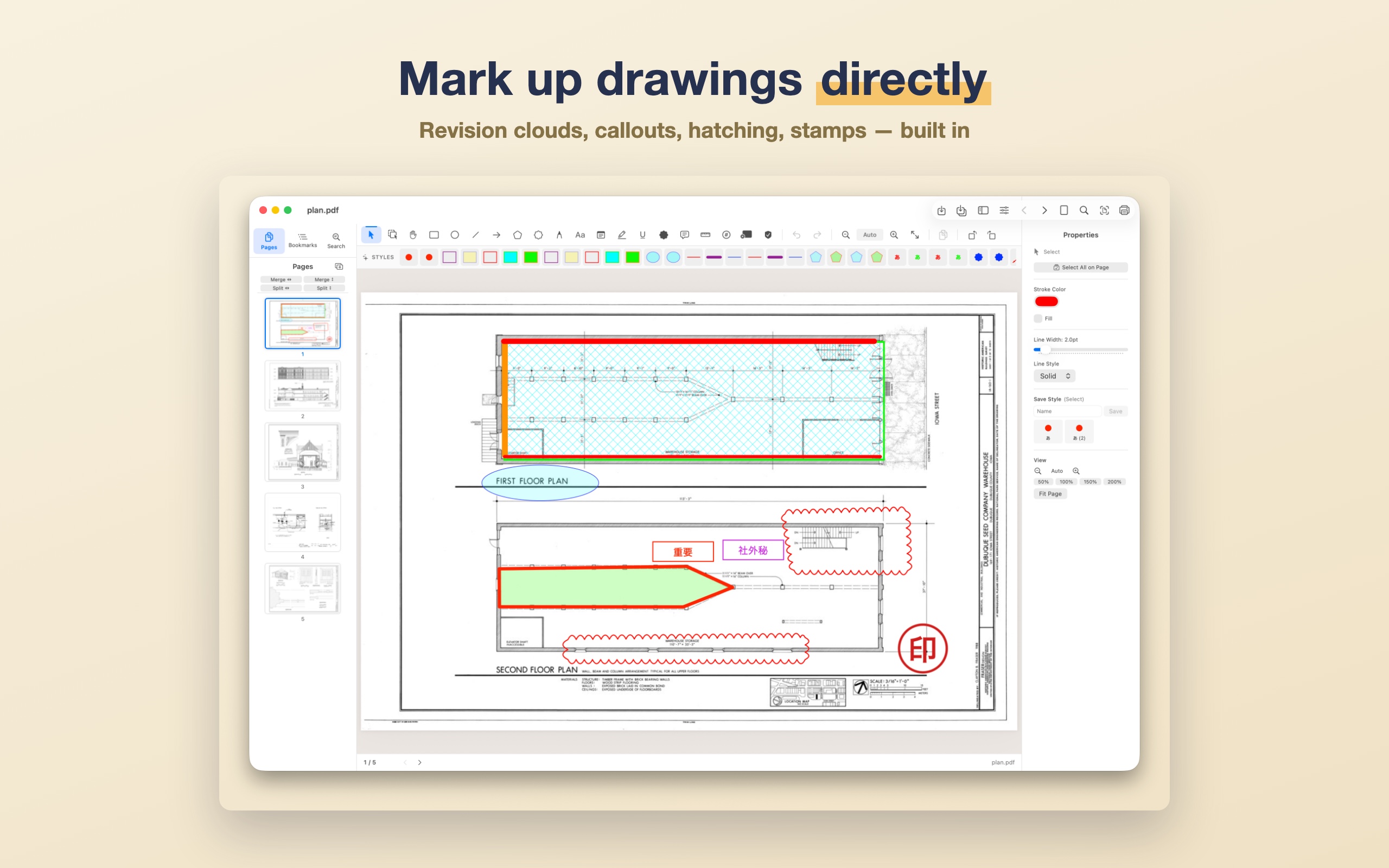 A full set of annotation and markup tools made for drawings.
