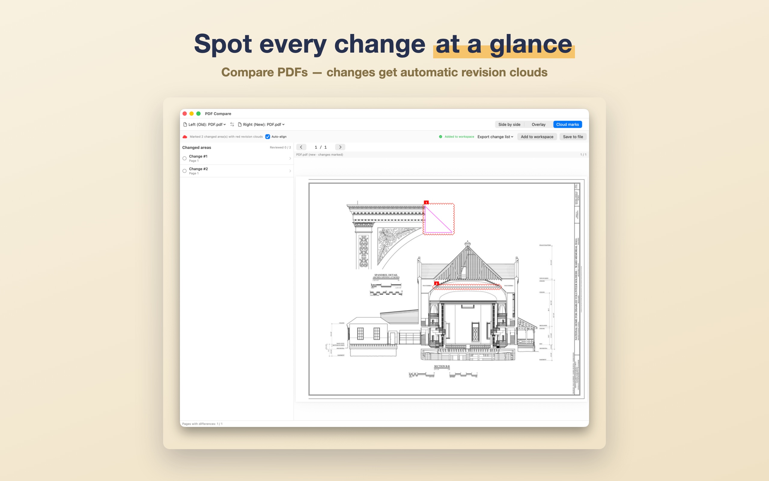 Compare old and new PDFs and auto-place red revision clouds on the changes.