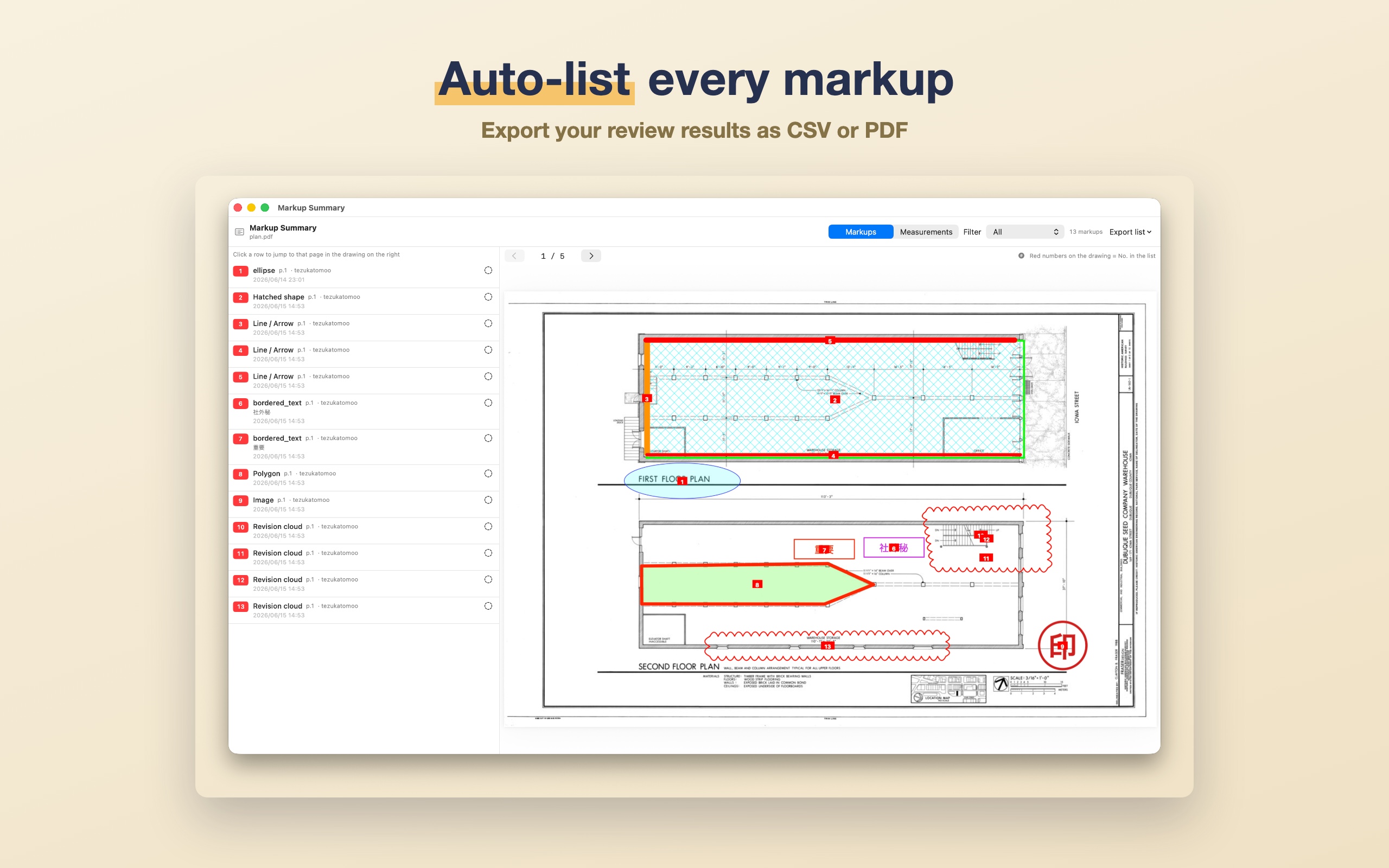 Auto-list every markup. Export review results as CSV or PDF.